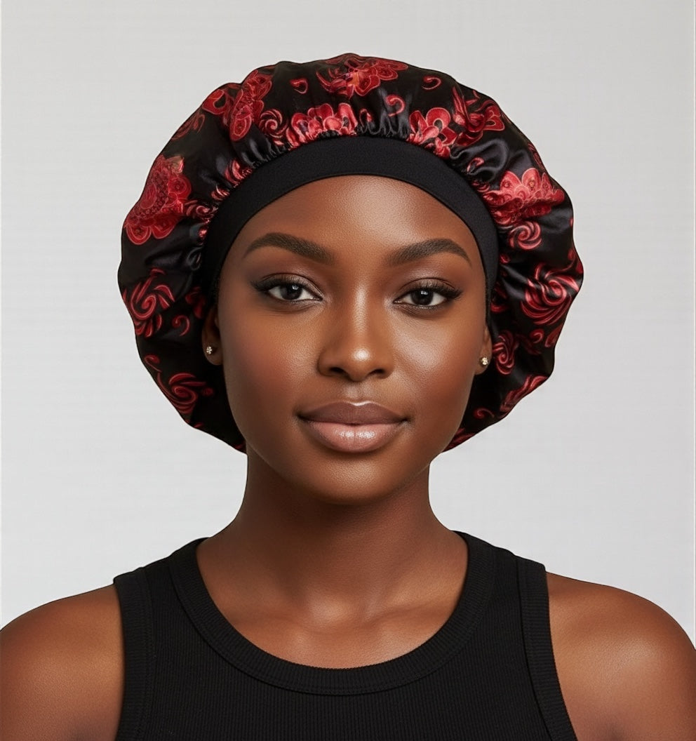 Floral Satin Silk Bonnet Cap – Lightweight Sleep Cap with Wide Elastic Band