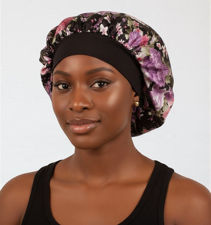 Floral Satin Silk Bonnet Cap – Lightweight Sleep Cap with Wide Elastic Band