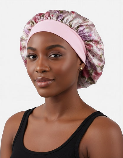 Floral Satin Silk Bonnet Cap – Lightweight Sleep Cap with Wide Elastic Band
