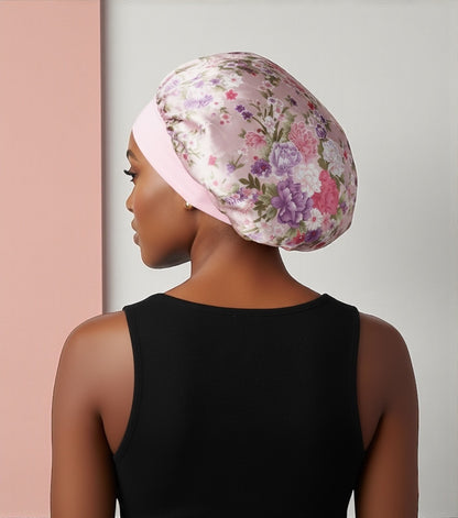 Floral Satin Silk Bonnet Cap – Lightweight Sleep Cap with Wide Elastic Band