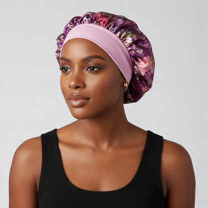 Floral Satin Silk Bonnet Cap – Lightweight Sleep Cap with Wide Elastic Band