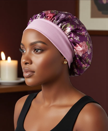 Floral Satin Silk Bonnet Cap – Lightweight Sleep Cap with Wide Elastic Band