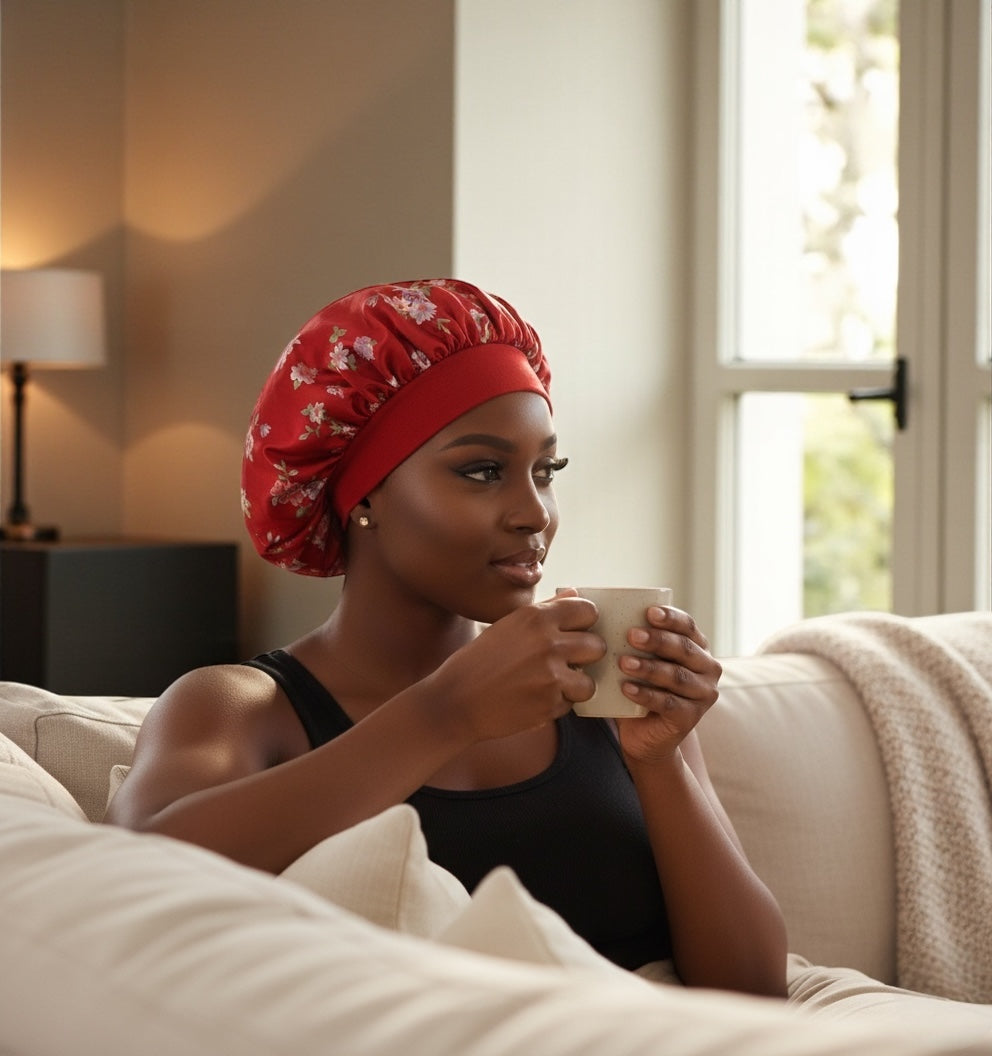 Floral Satin Silk Bonnet Cap – Lightweight Sleep Cap with Wide Elastic Band