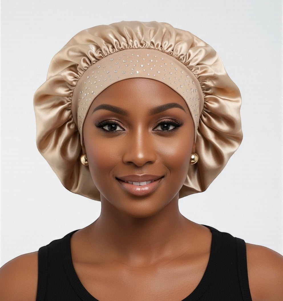 Rhinestone Satin Silk Bonnet Cap – Single Layer Sleep Cap with Stretch Band - Fatisha Boutique #