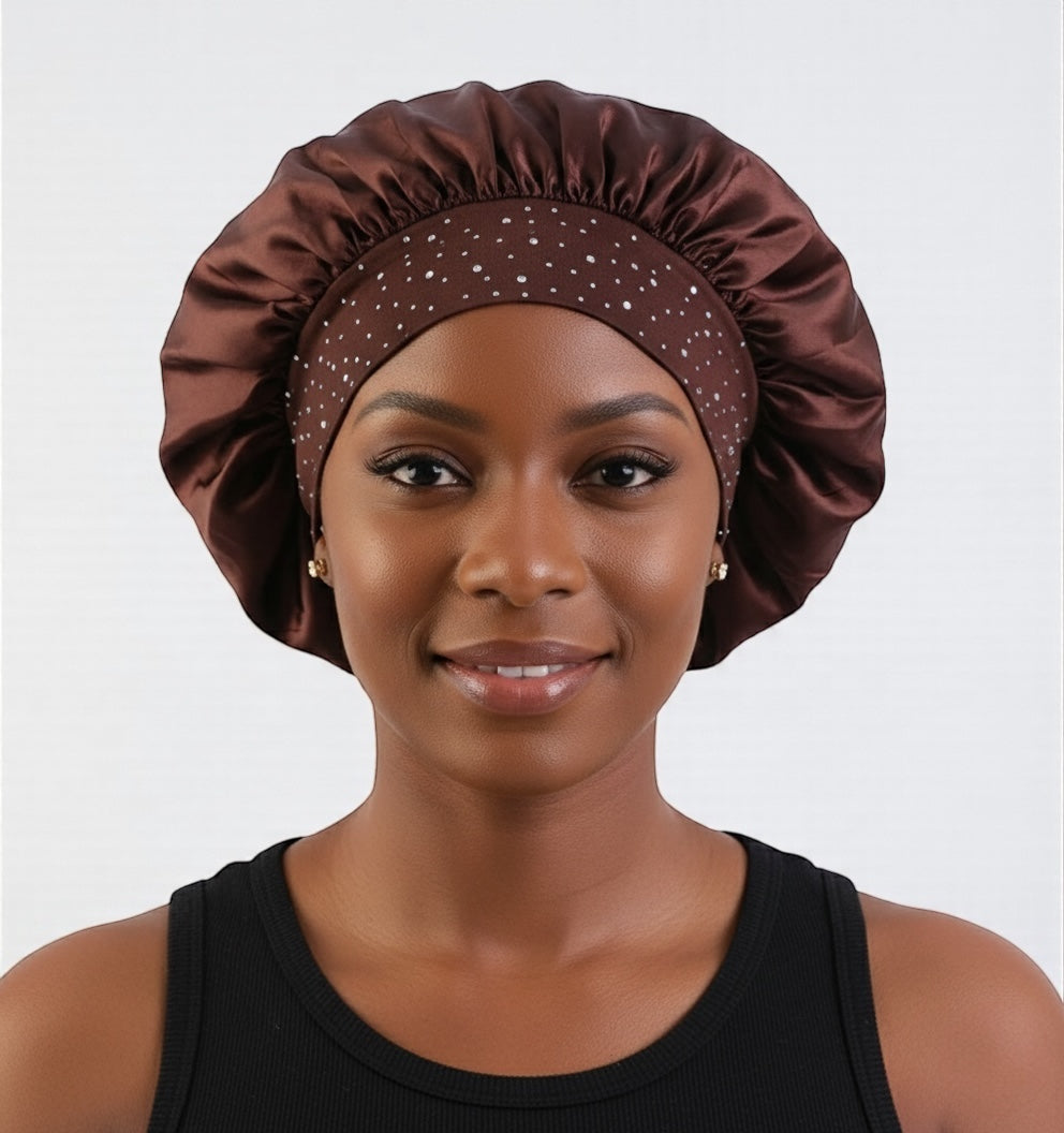 Rhinestone Satin Silk Bonnet Cap – Single Layer Sleep Cap with Stretch Band - Fatisha Boutique #