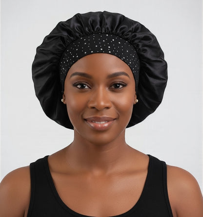 Rhinestone Satin Silk Bonnet Cap – Single Layer Sleep Cap with Stretch Band - Fatisha Boutique #