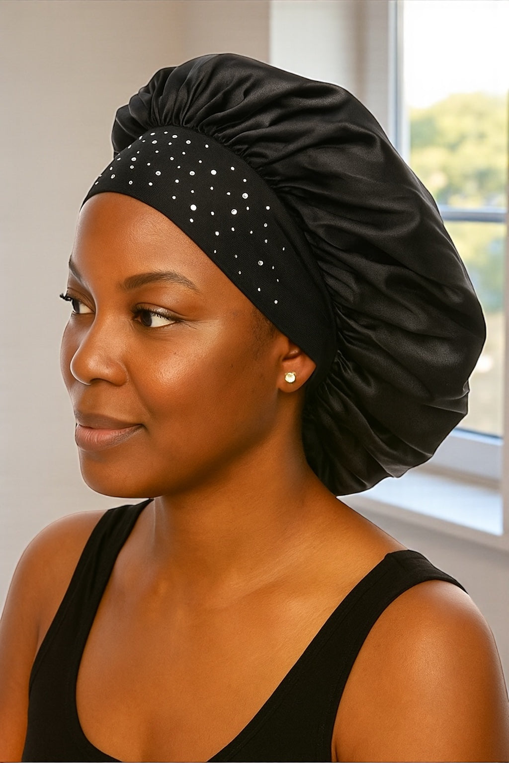 Rhinestone Satin Silk Bonnet Cap – Single Layer Sleep Cap with Stretch Band - Fatisha Boutique #