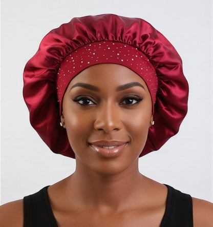 Rhinestone Satin Silk Bonnet Cap – Single Layer Sleep Cap with Stretch Band - Fatisha Boutique #