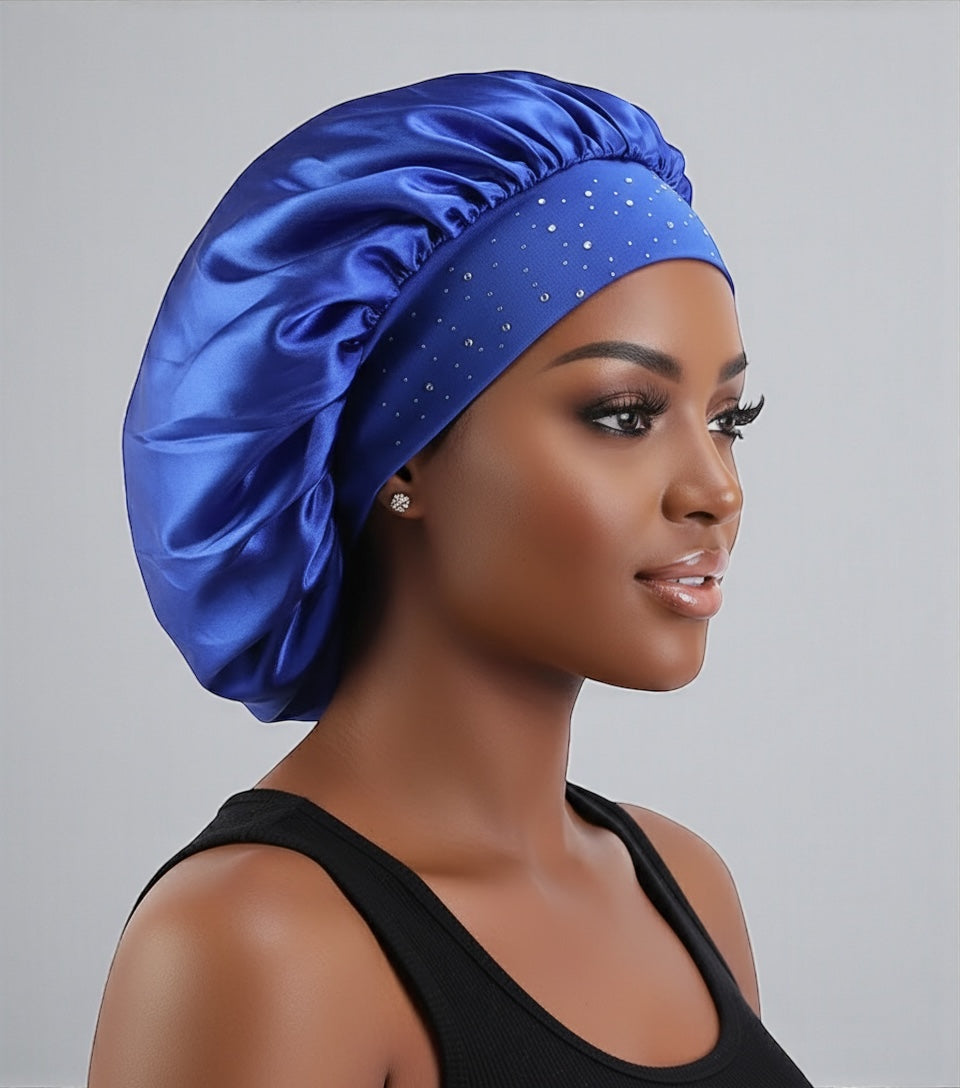 Rhinestone Satin Silk Bonnet Cap – Single Layer Sleep Cap with Stretch Band - Fatisha Boutique #