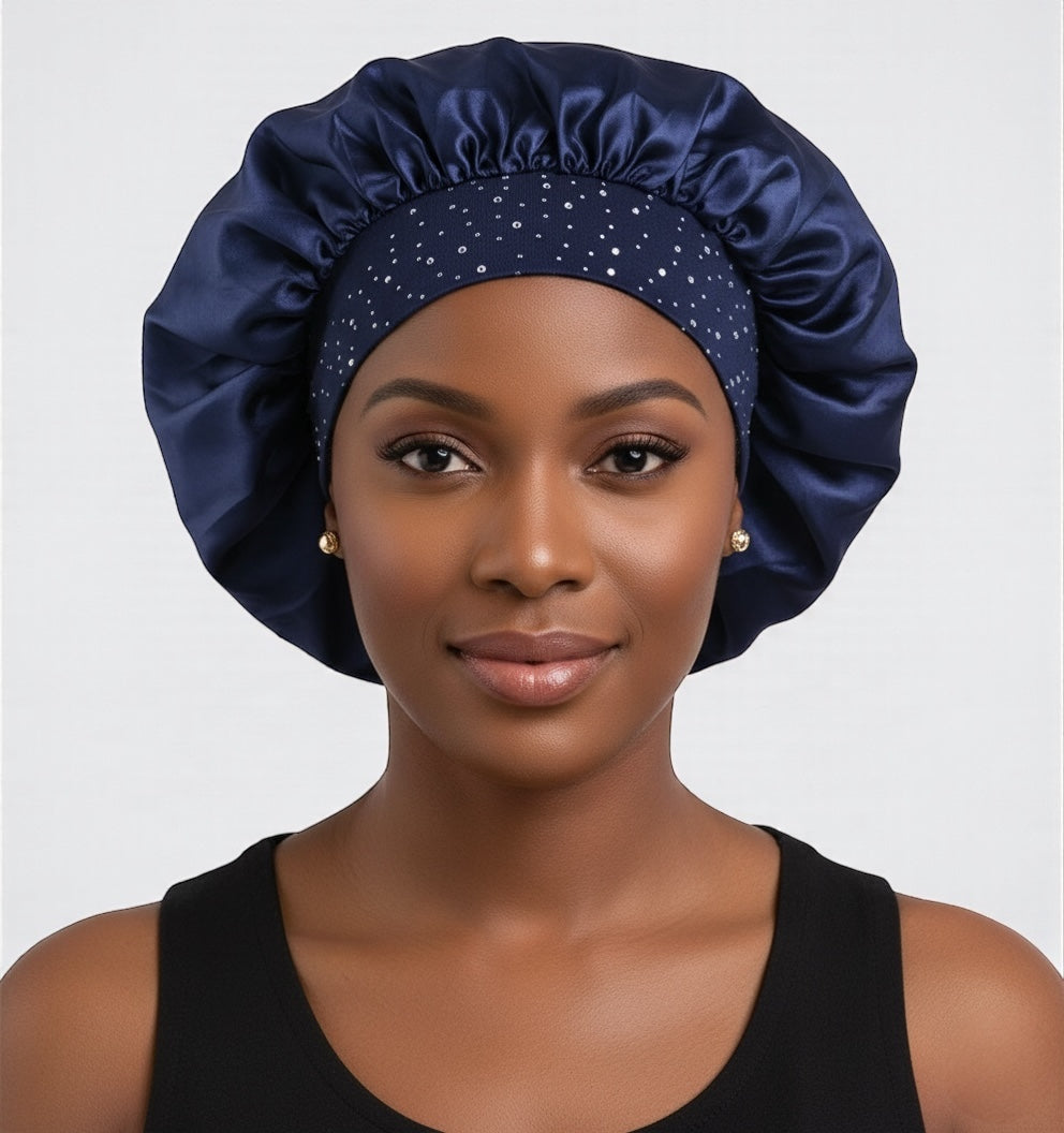 Rhinestone Satin Silk Bonnet Cap – Single Layer Sleep Cap with Stretch Band - Fatisha Boutique #