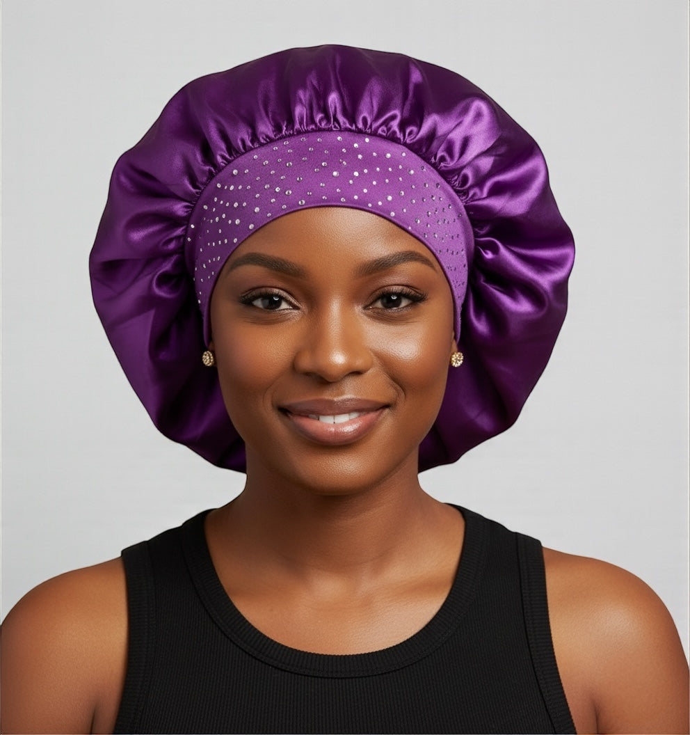 Rhinestone Satin Silk Bonnet Cap – Single Layer Sleep Cap with Stretch Band - Fatisha Boutique #