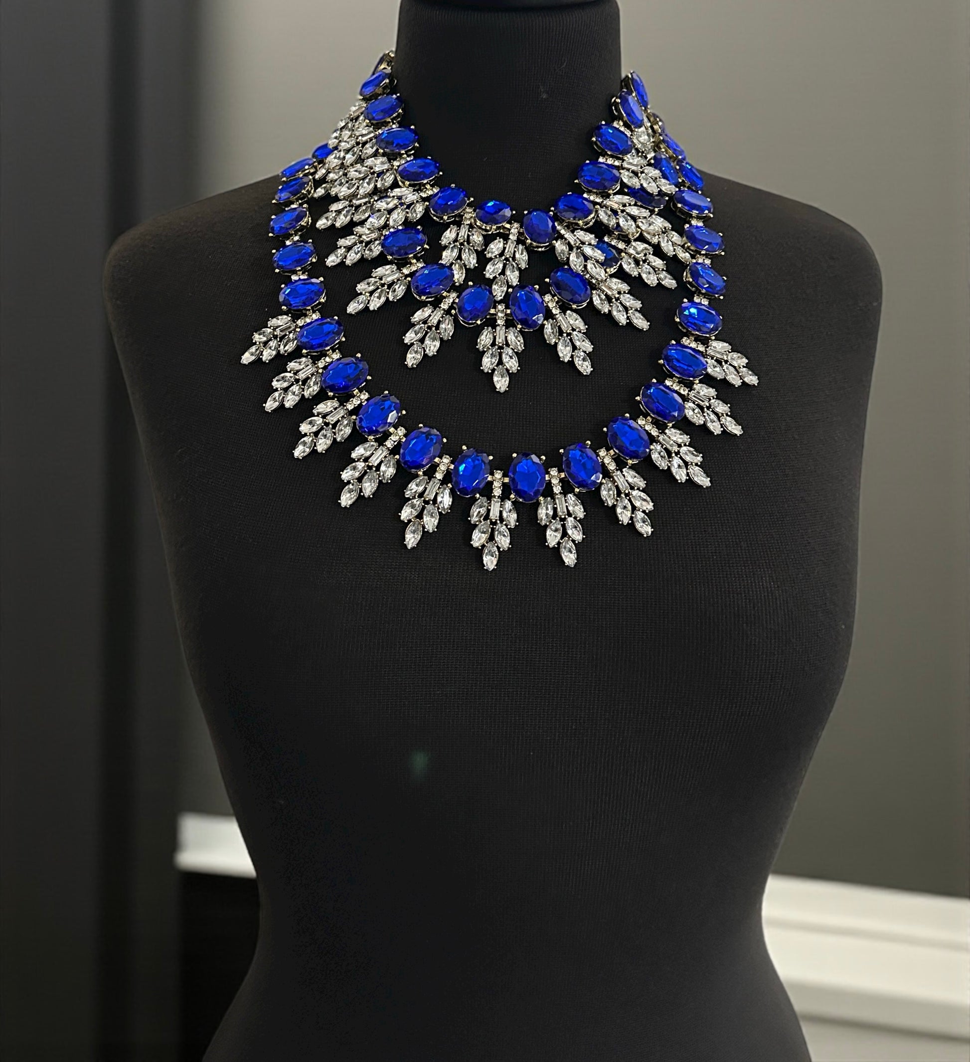Royal Blue Luxury Crystal Statement Bib Necklace – Elegant Rhinestone Collar Choker - Fatisha Boutique #