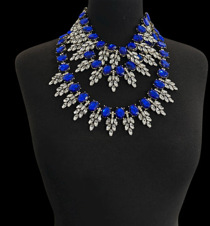 Royal Blue Luxury Crystal Statement Bib Necklace – Elegant Rhinestone Collar Choker - Fatisha Boutique #