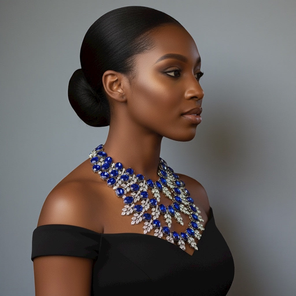 Royal Blue Luxury Crystal Statement Bib Necklace – Elegant Rhinestone Collar Choker - Fatisha Boutique #