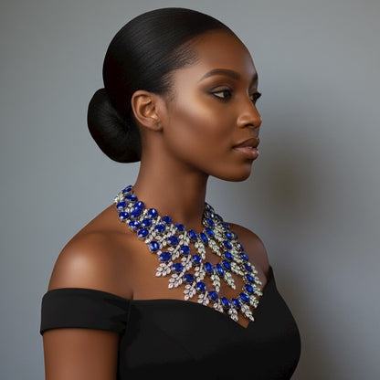 Royal Blue Luxury Crystal Statement Bib Necklace – Elegant Rhinestone Collar Choker - Fatisha Boutique #