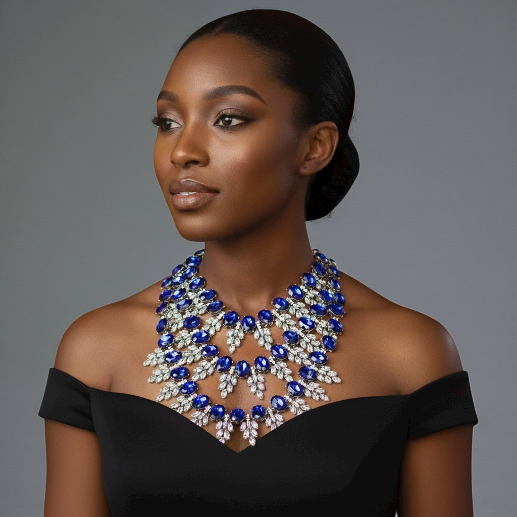 Royal Blue Luxury Crystal Statement Bib Necklace – Elegant Rhinestone Collar Choker - Fatisha Boutique #