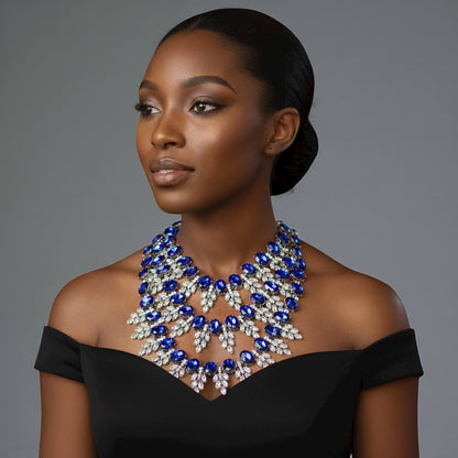 Royal Blue Luxury Crystal Statement Bib Necklace – Elegant Rhinestone Collar Choker - Fatisha Boutique #