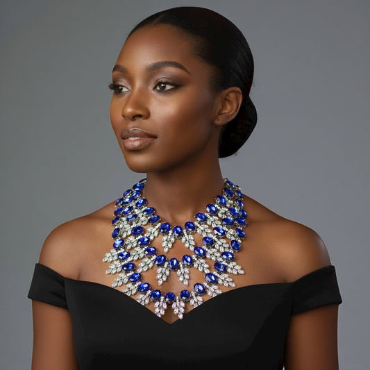 Royal Blue Luxury Crystal Statement Bib Necklace – Elegant Rhinestone Collar Choker - Fatisha Boutique #