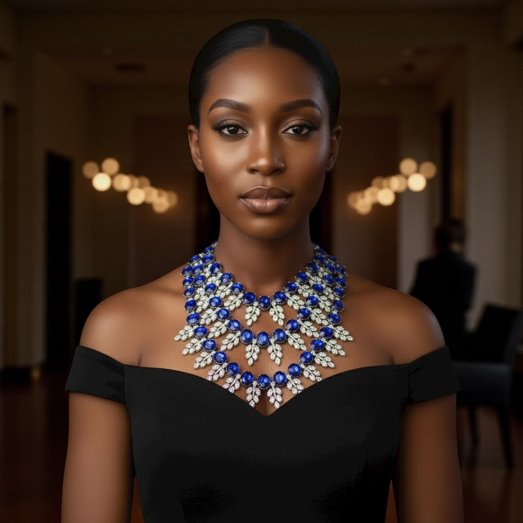 Royal Blue Luxury Crystal Statement Bib Necklace – Elegant Rhinestone Collar Choker - Fatisha Boutique #