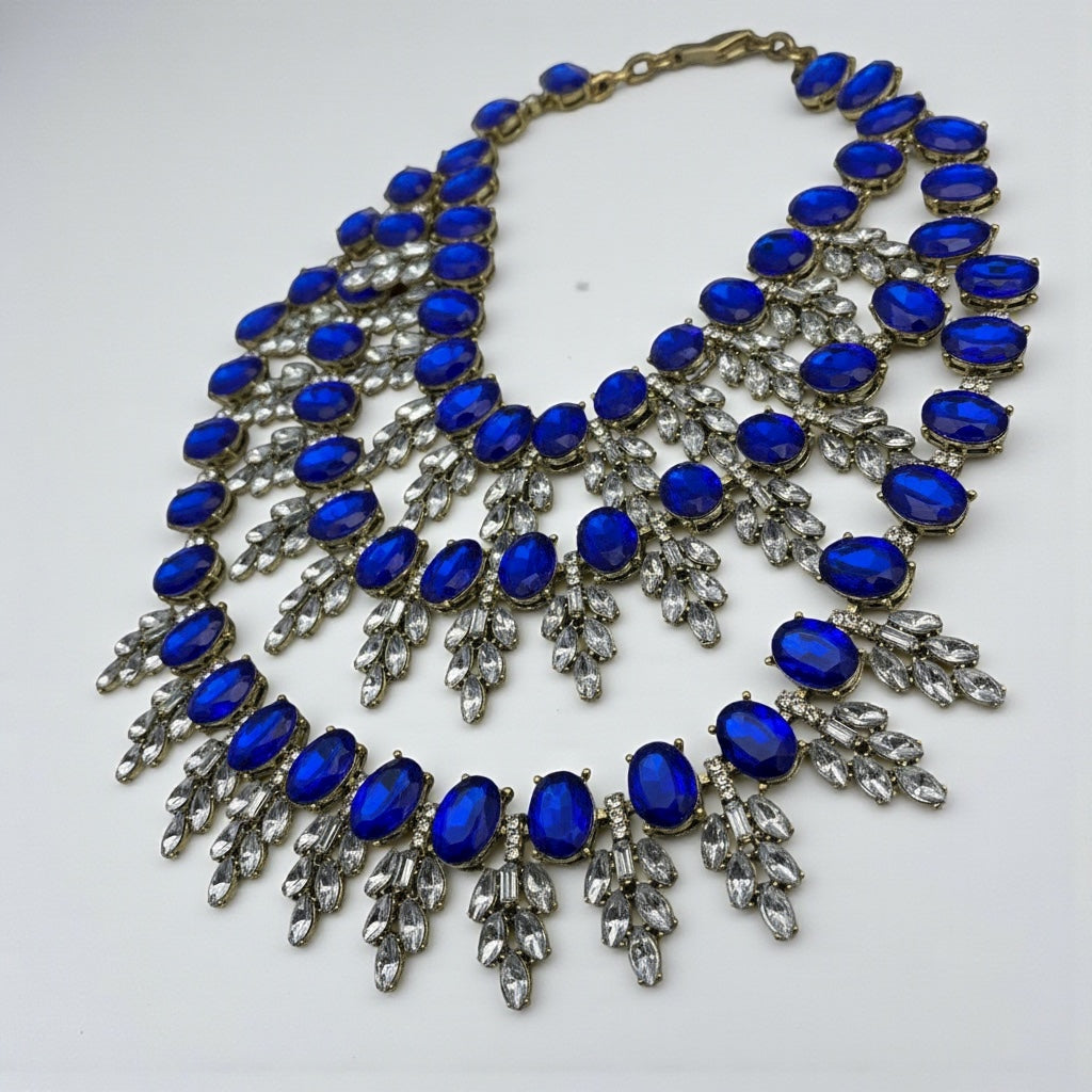 Royal Blue Luxury Crystal Statement Bib Necklace – Elegant Rhinestone Collar Choker - Fatisha Boutique #
