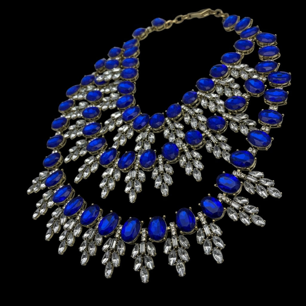 Royal Blue Luxury Crystal Statement Bib Necklace – Elegant Rhinestone Collar Choker - Fatisha Boutique #