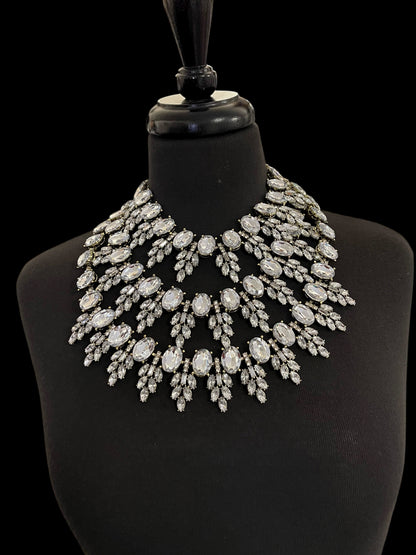 Clear Rhinestone Statement Necklace – Luxury Crystal Bib with Gold Chain, Elegant Bridal or Evening Jewellery - Fatisha Boutique #