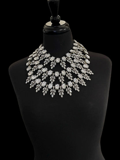 Clear Rhinestone Statement Necklace – Luxury Crystal Bib with Gold Chain, Elegant Bridal or Evening Jewellery - Fatisha Boutique #