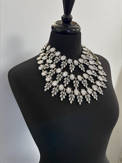 Clear Rhinestone Statement Necklace – Luxury Crystal Bib with Gold Chain, Elegant Bridal or Evening Jewellery - Fatisha Boutique #