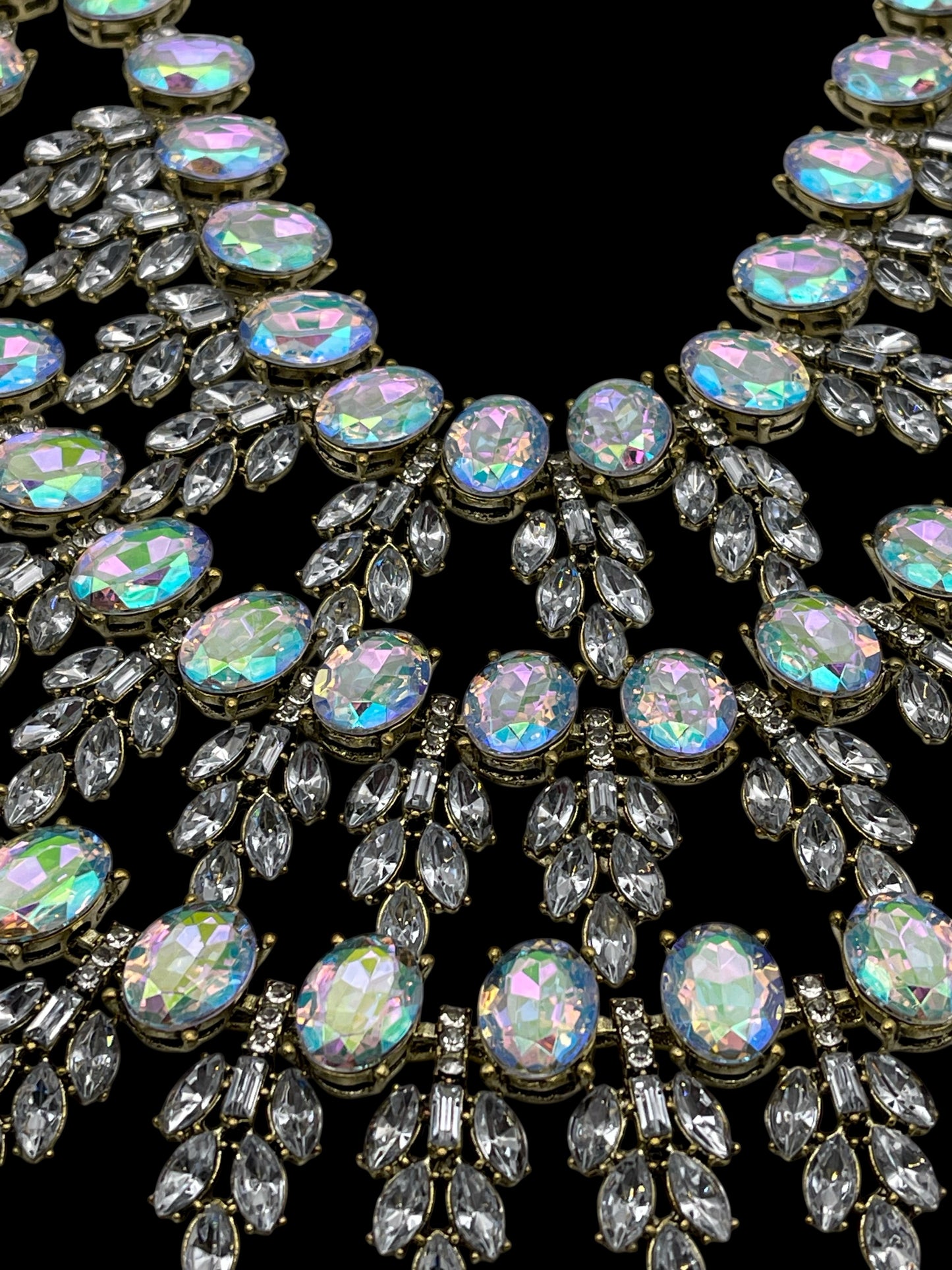 Luxury Iridescent Crystal Statement Necklace – Bold Rhinestone Bib Collar with Gold Finish - Fatisha Boutique #