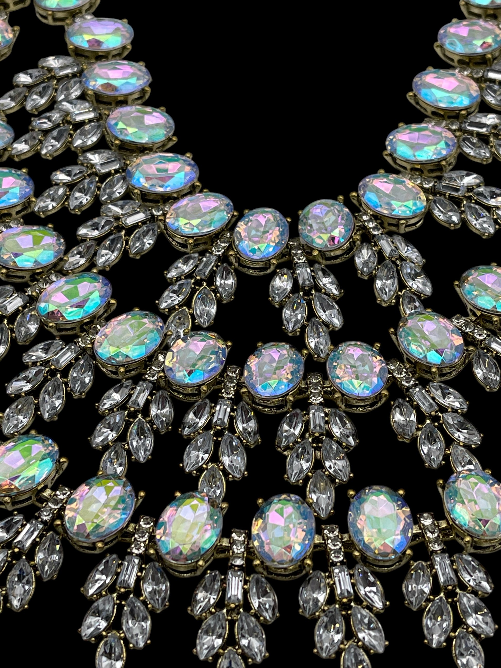 Luxury Iridescent Crystal Statement Necklace – Bold Rhinestone Bib Collar with Gold Finish - Fatisha Boutique #