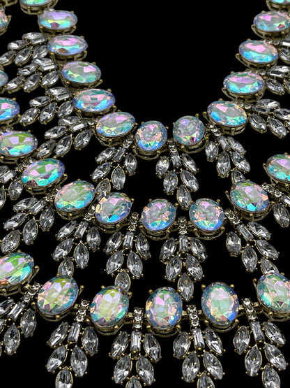 Luxury Iridescent Crystal Statement Necklace – Bold Rhinestone Bib Collar with Gold Finish - Fatisha Boutique #