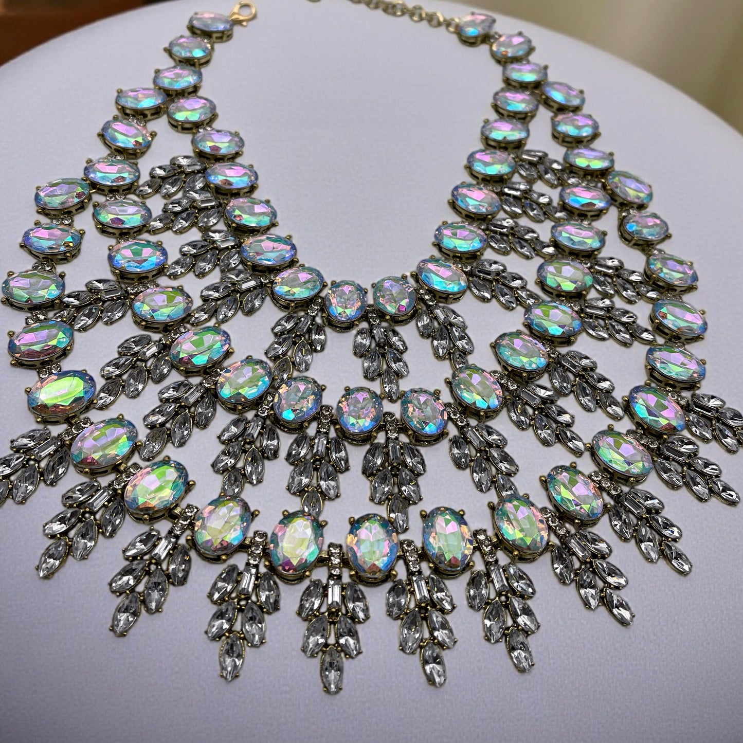 Luxury Iridescent Crystal Statement Necklace – Bold Rhinestone Bib Collar with Gold Finish - Fatisha Boutique #