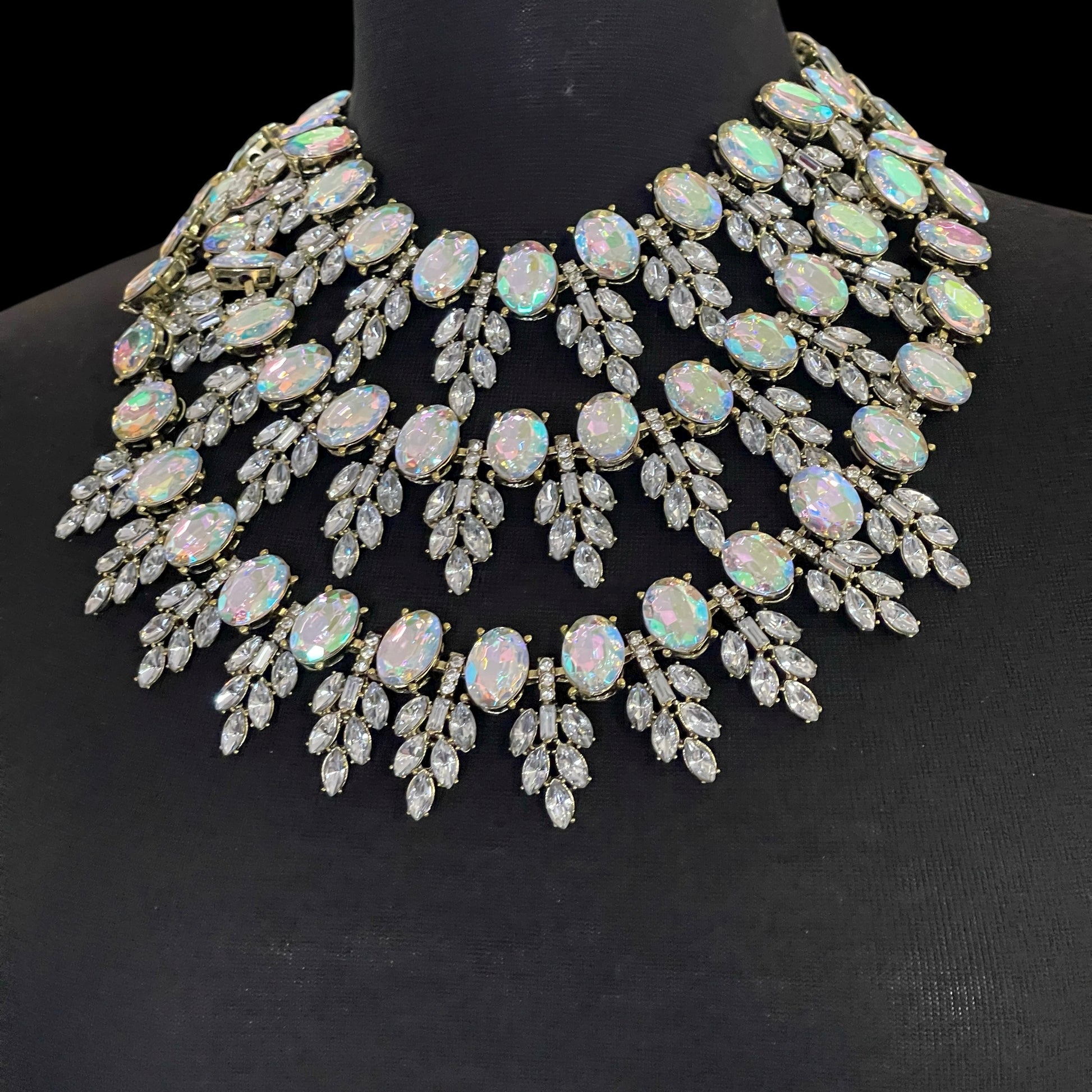 Luxury Iridescent Crystal Statement Necklace – Bold Rhinestone Bib Collar with Gold Finish - Fatisha Boutique #