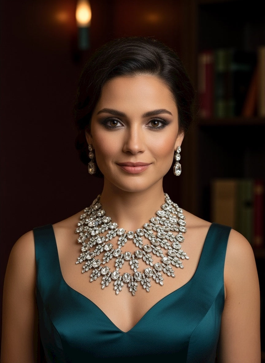 Clear Rhinestone Statement Necklace – Luxury Crystal Bib with Gold Chain, Elegant Bridal or Evening Jewellery - Fatisha Boutique #