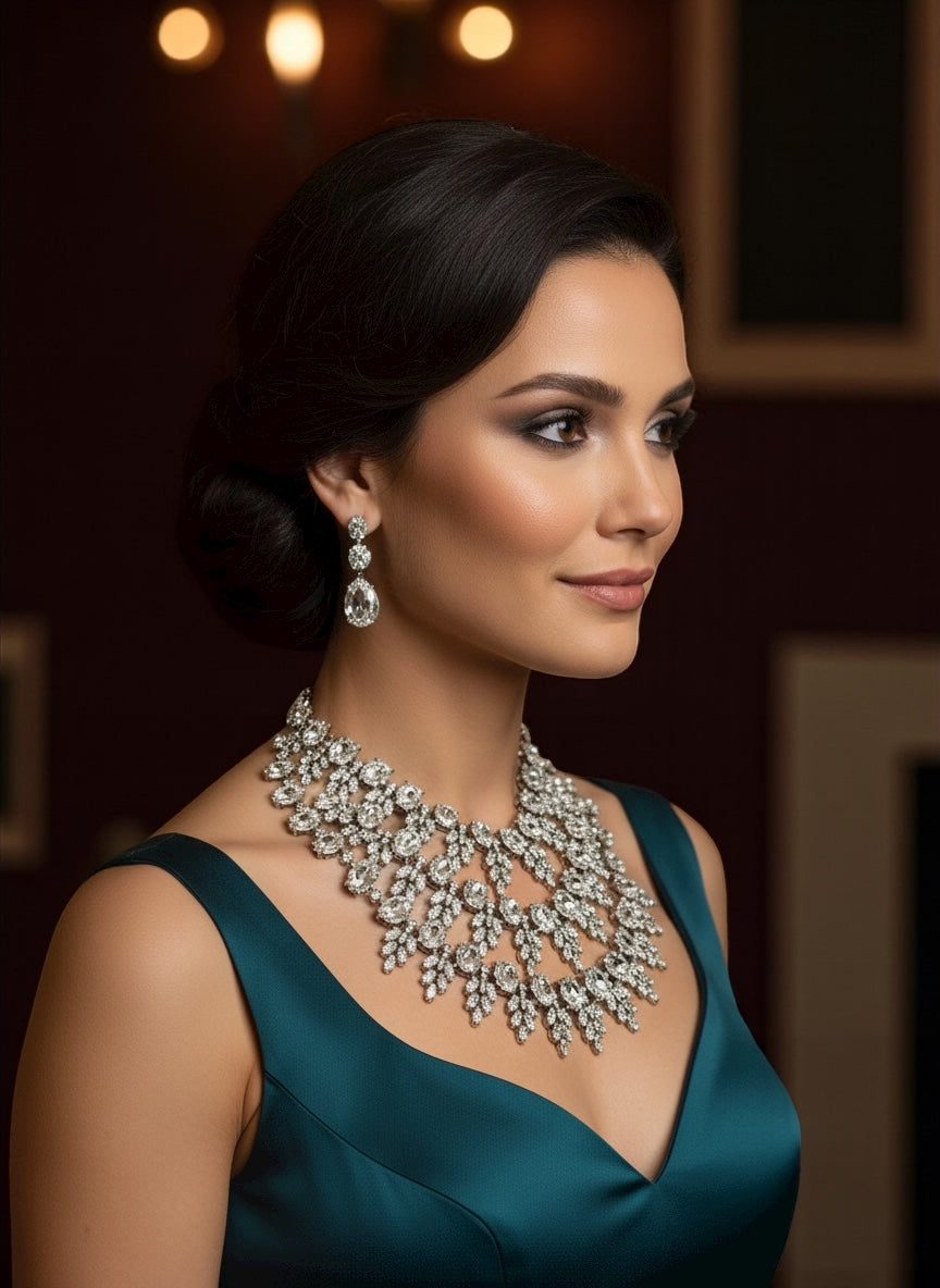 Clear Rhinestone Statement Necklace – Luxury Crystal Bib with Gold Chain, Elegant Bridal or Evening Jewellery - Fatisha Boutique #