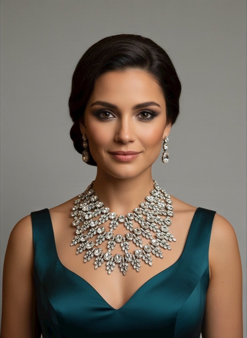 Clear Rhinestone Statement Necklace – Luxury Crystal Bib with Gold Chain, Elegant Bridal or Evening Jewellery - Fatisha Boutique #