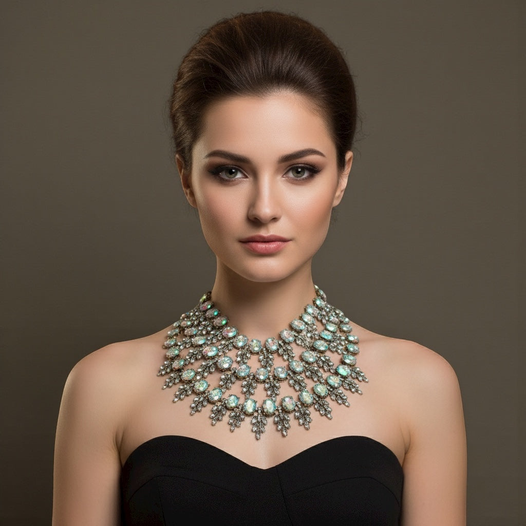 Luxury Iridescent Crystal Statement Necklace – Bold Rhinestone Bib Collar with Gold Finish - Fatisha Boutique #