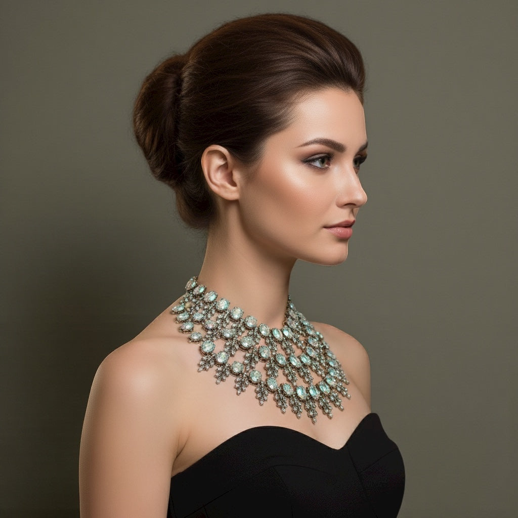 Luxury Iridescent Crystal Statement Necklace – Bold Rhinestone Bib Collar with Gold Finish - Fatisha Boutique #