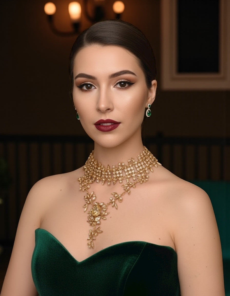 Elegant Gold Rhinestone Choker Pendant Necklace – Bohemian Statement Jewellery - Fatisha Boutique #