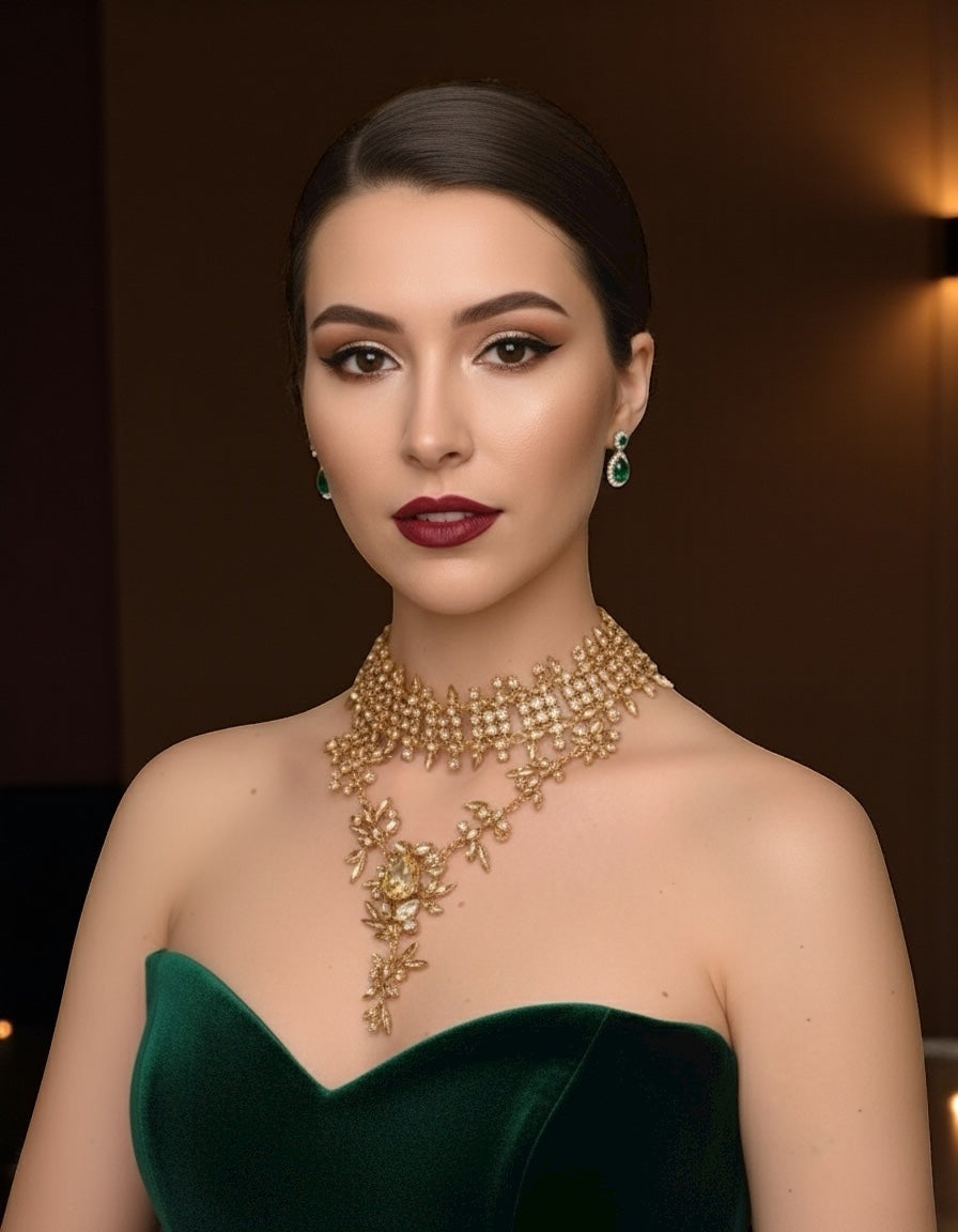 Elegant Gold Rhinestone Choker Pendant Necklace – Bohemian Statement Jewellery - Fatisha Boutique #