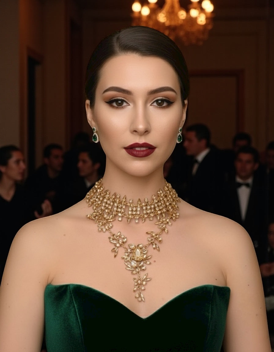 Elegant Gold Rhinestone Choker Pendant Necklace – Bohemian Statement Jewellery - Fatisha Boutique #