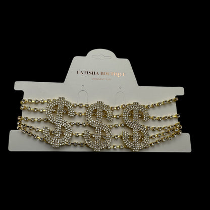 Dollar Sign Rhinestone Statement Choker Necklace – Bold Crystal Bling in Gold & Silver - Fatisha Boutique #