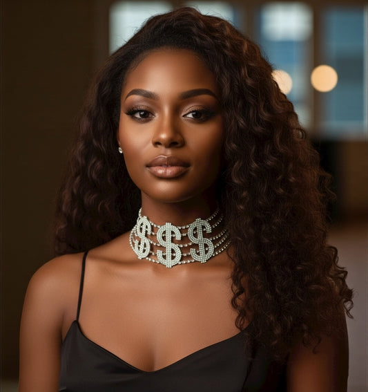 Dollar Sign Rhinestone Statement Choker Necklace – Bold Crystal Bling in Gold & Silver - Fatisha Boutique #