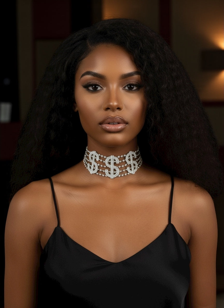 Dollar Sign Rhinestone Statement Choker Necklace – Bold Crystal Bling in Gold & Silver - Fatisha Boutique #
