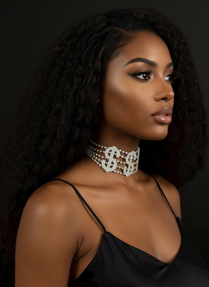 Dollar Sign Rhinestone Statement Choker Necklace – Bold Crystal Bling in Gold & Silver - Fatisha Boutique #