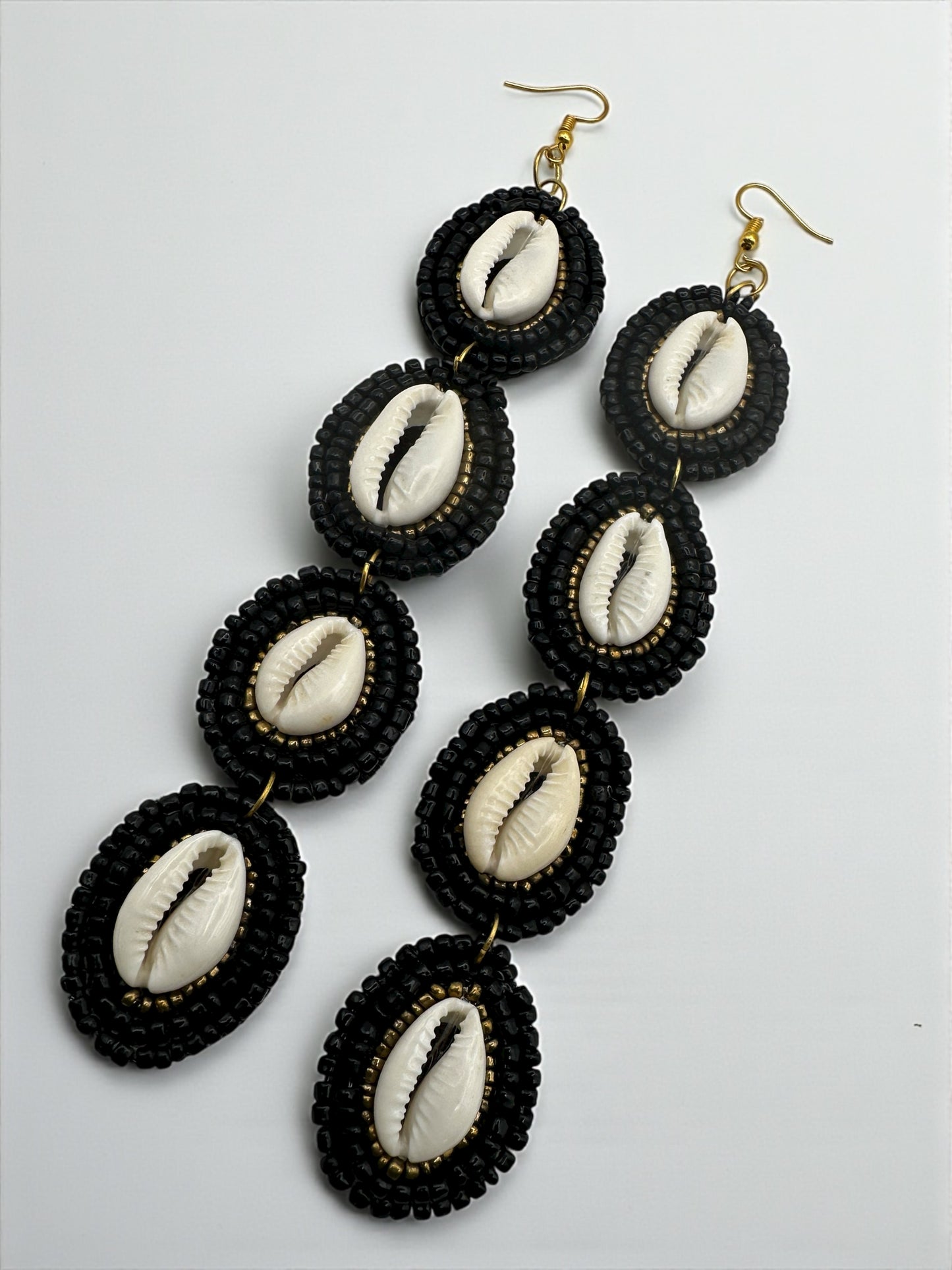 Handmade Long Cowrie Shell Beaded Earrings – Statement Dangle Earrings with Black Beads - Fatisha Boutique #