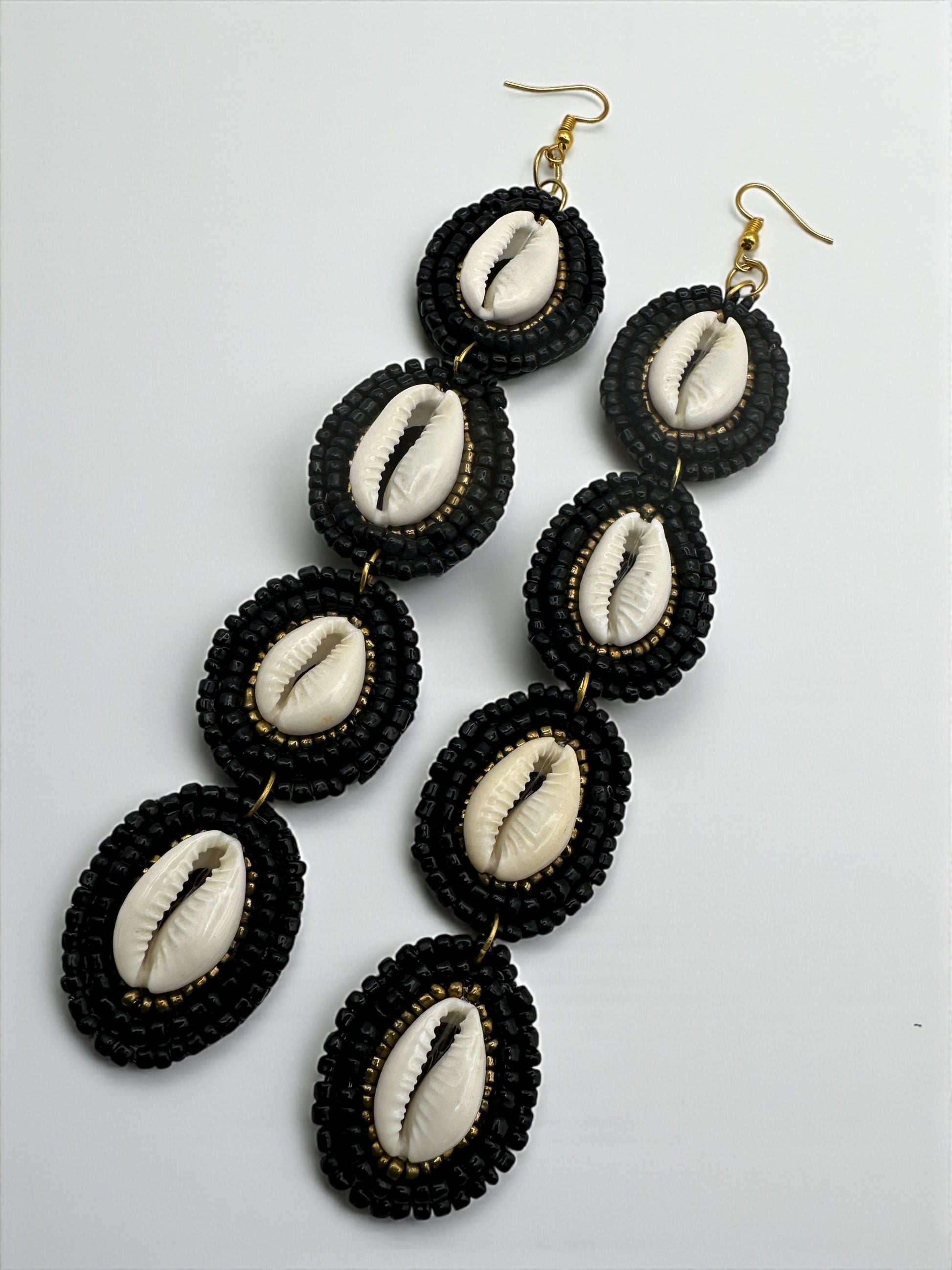 Handmade Long Cowrie Shell Beaded Earrings – Statement Dangle Earrings with Black Beads - Fatisha Boutique #