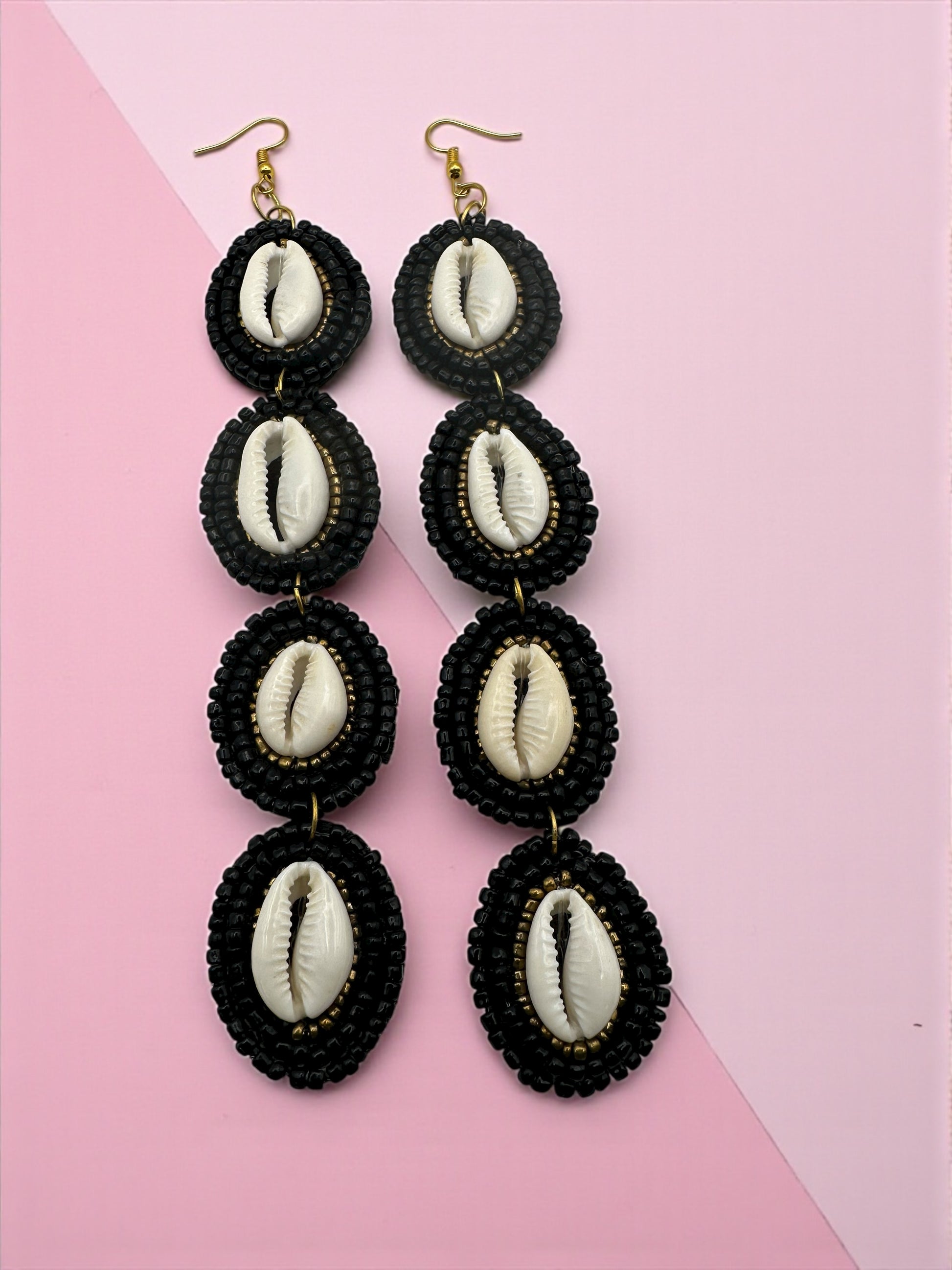 Handmade Long Cowrie Shell Beaded Earrings – Statement Dangle Earrings with Black Beads - Fatisha Boutique #