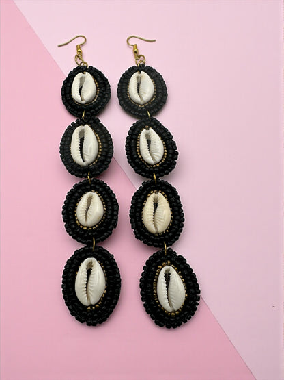 Handmade Long Cowrie Shell Beaded Earrings – Statement Dangle Earrings with Black Beads - Fatisha Boutique #