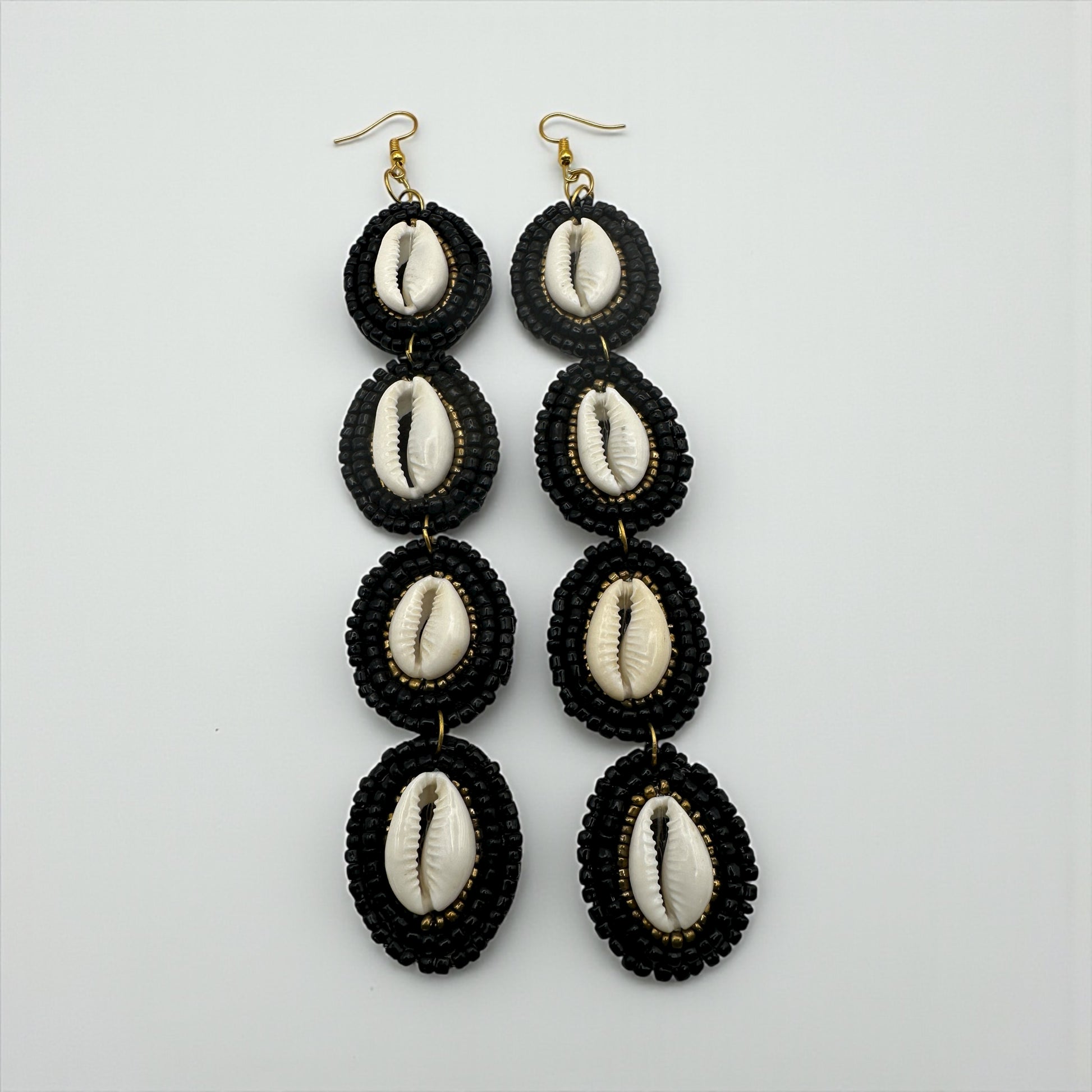 Handmade Long Cowrie Shell Beaded Earrings – Statement Dangle Earrings with Black Beads - Fatisha Boutique #